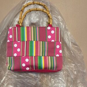 Pink Striped and Polka Dot Tote Bag with Bamboo Handles